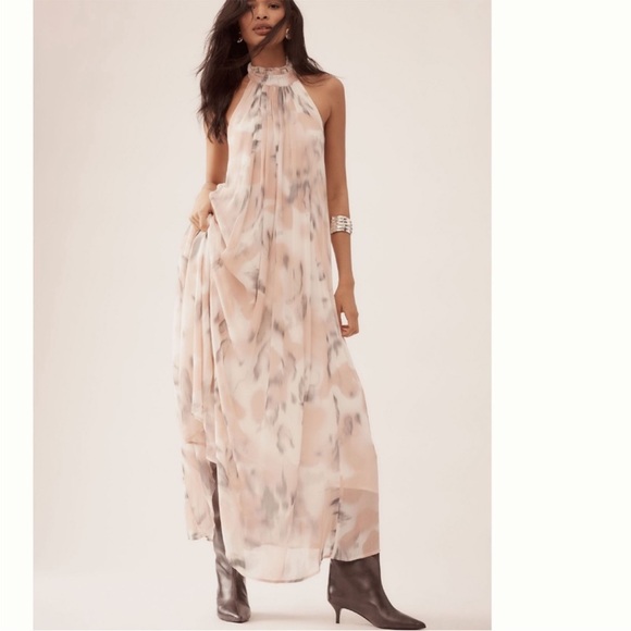 Anthropologie Dresses & Skirts - Anthropologie Blush and Gray Watercolor Halter Maxi Dress